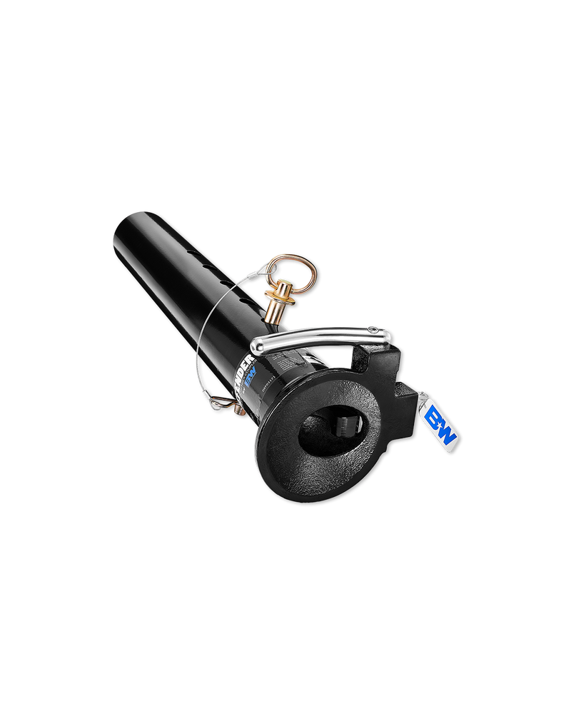 B&W Defender locking gooseneck coupler, black cylindrical body with a stainless handle, a tethered brass pin and the funnel-shaped ball socket facing the camera