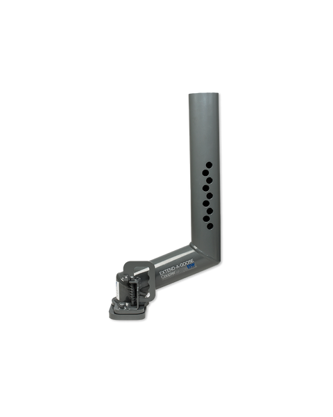 B&W Extend-A-Goose gooseneck coupler extension, a gray L-shaped tube with a row of adjustment holes at the top and the spring-loaded coupler at the bottom