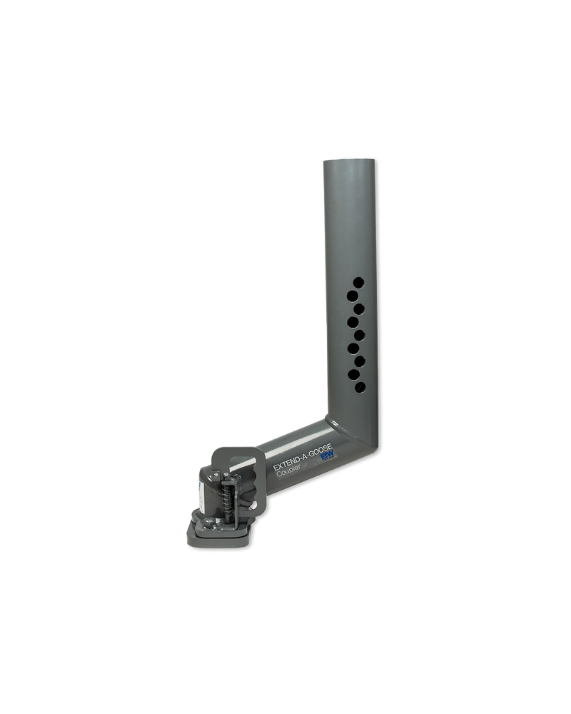 B&W Extend-A-Goose gooseneck coupler extension, a gray L-shaped tube with a row of adjustment holes at the top and the spring-loaded coupler at the bottom
