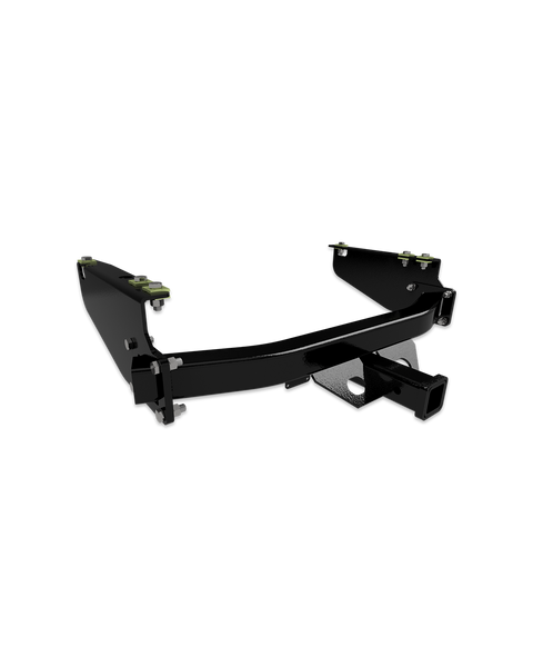 B&W HDRH24400 heavy duty receiver hitch, black powder-coated three-piece unit shown at an angle with the 2" receiver tube, gussets and frame-mount side plates