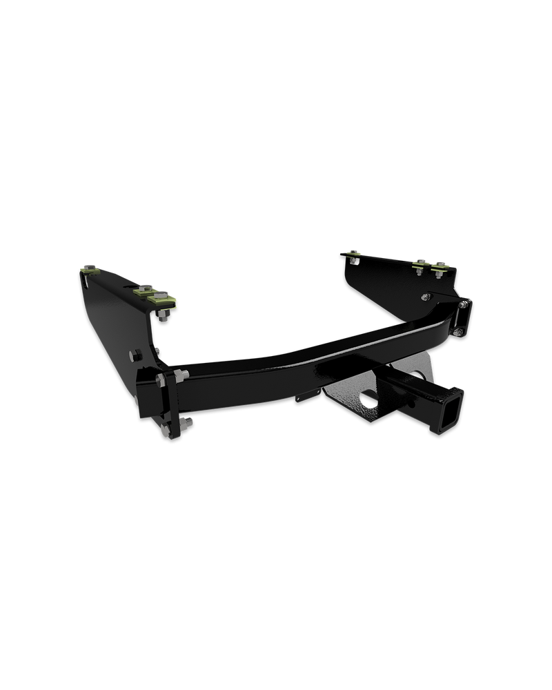 B&W HDRH24400 heavy duty receiver hitch, black powder-coated three-piece unit shown at an angle with the 2" receiver tube, gussets and frame-mount side plates