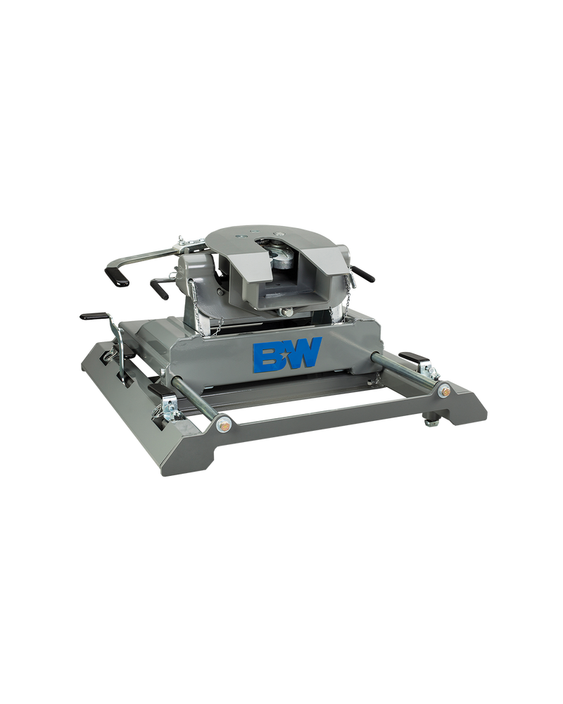 B&W RVK3770 complete fifth wheel hitch. This listing supplies only the sliding base in this photo, the lower structure the coupler sits on; the coupler head on top is not included
