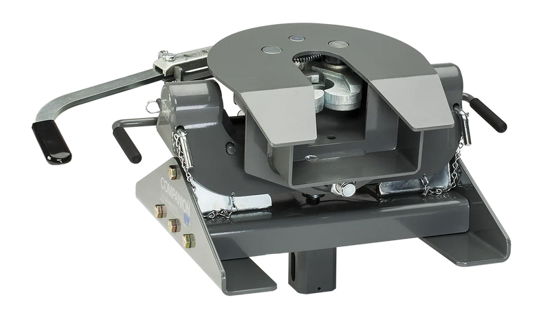 B&W RVK3050 companion single-point flatbed fifth wheel hitch, second studio angle showing the coupler face, the release handles and the base legs