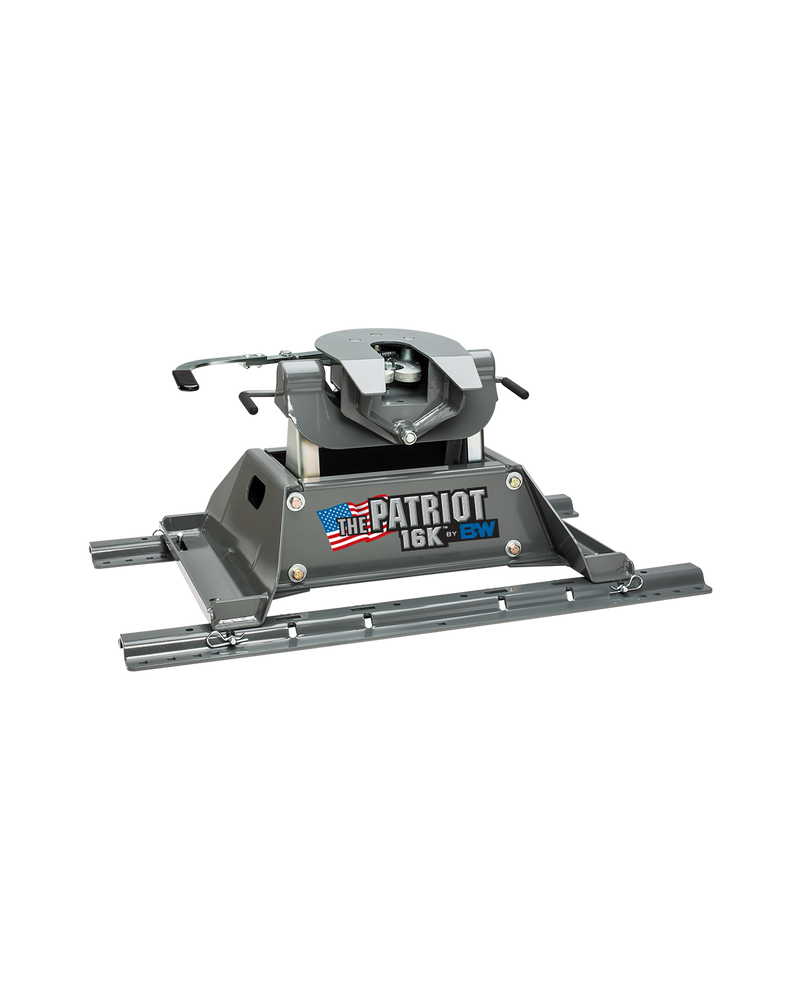 B&W RVK3200 patriot 16k rail-mounted fifth wheel hitch on a plain background, shown on its base, with the coupler set on the arms and both release handles in view