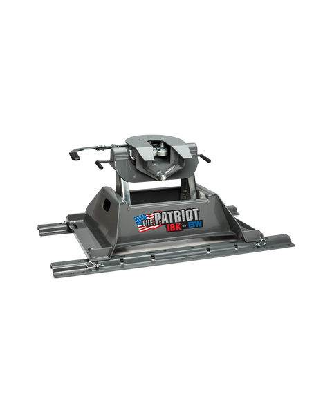 B&W RVK3255 patriot 18k rail-mounted fifth wheel hitch on a plain background, shown on its base, with the coupler set on the arms and both release handles in view
