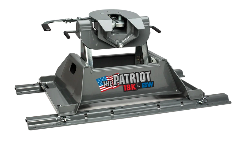 B&W RVK3255 patriot 18k rail-mounted fifth wheel hitch, second studio angle showing the coupler face, the release handles and the base legs