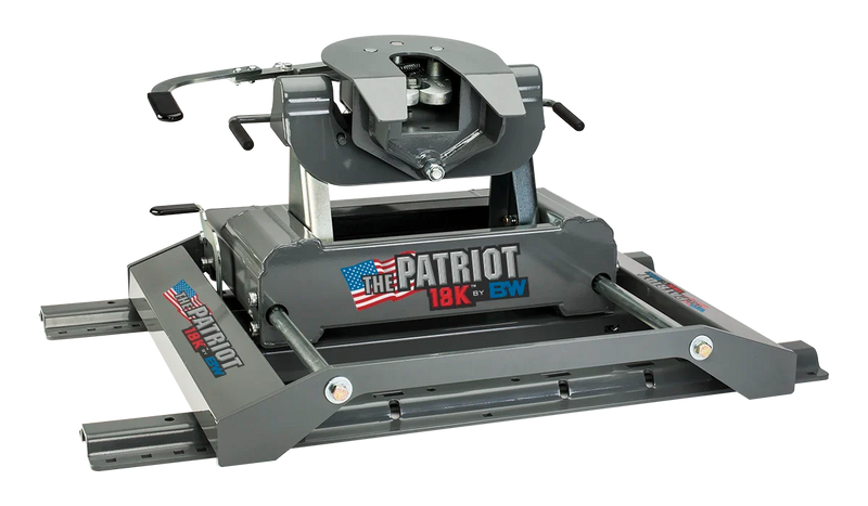 B&W RVK3270 patriot 18k rail-mounted slider fifth wheel hitch, second studio angle showing the coupler face, the release handles and the slide rails