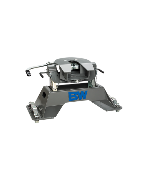 B&W Companion puck-mount fifth wheel hitch on a plain background, on its fixed base, coupler set on the arms and both release handles in view. B&W uses one studio render across this group, so the photograph does not show which tow rating or truck platform this part number is