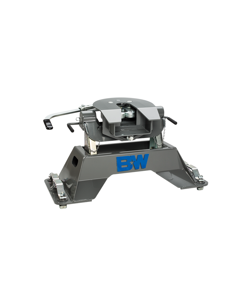 B&W Companion puck-mount fifth wheel hitch on a plain background, on its fixed base, coupler set on the arms and both release handles in view. B&W uses one studio render across this group, so the photograph does not show which tow rating or truck platform this part number is