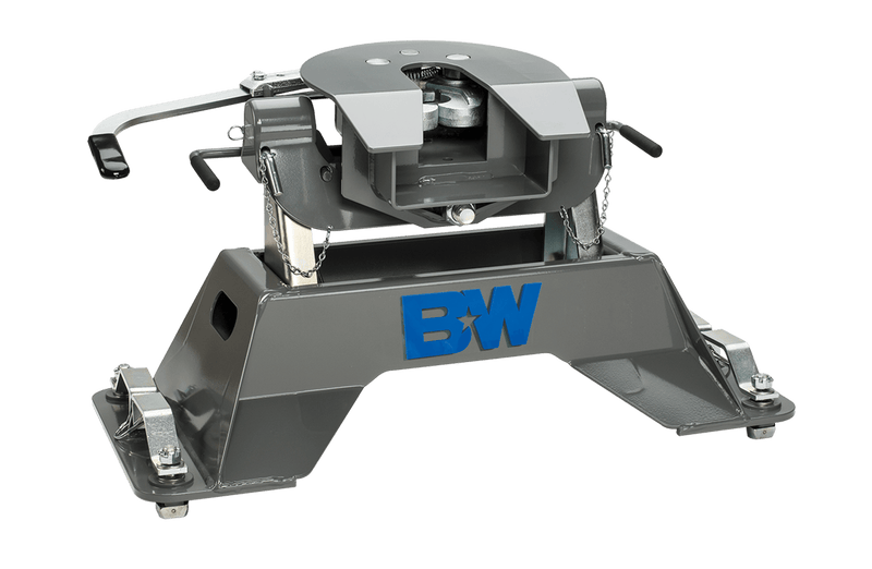 B&W Companion puck-mount fifth wheel hitch, second studio angle showing the coupler face, the release handles and the base legs. B&W uses one render across this group, so the photograph does not show which tow rating or truck platform this part number is