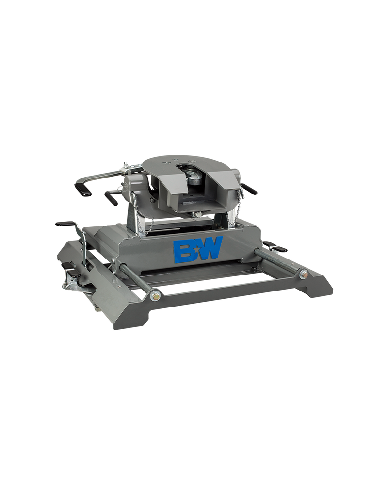 B&W RVK3370 companion 20k slider fifth wheel hitch for ford pucks on a plain background, shown on its sliding base with the slide rails visible, with the coupler set on the arms and both release handles in view