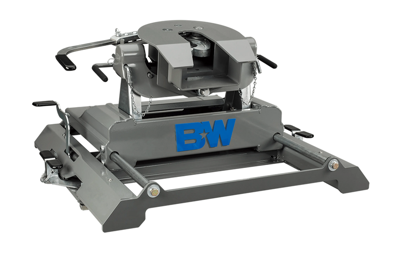 B&W RVK3370 companion 20k slider fifth wheel hitch for ford pucks, second studio angle showing the coupler face, the release handles and the slide rails