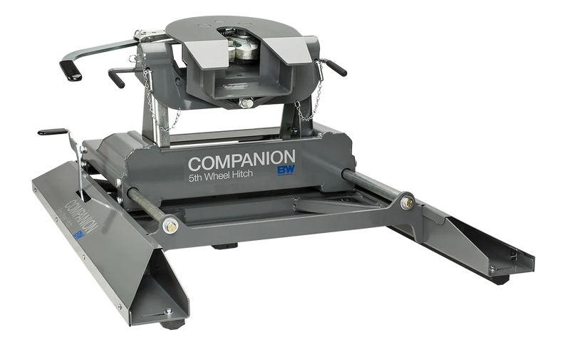 B&W RVK3405 companion single-point slider fifth wheel hitch, second studio angle showing the coupler face, the release handles and the slide rails