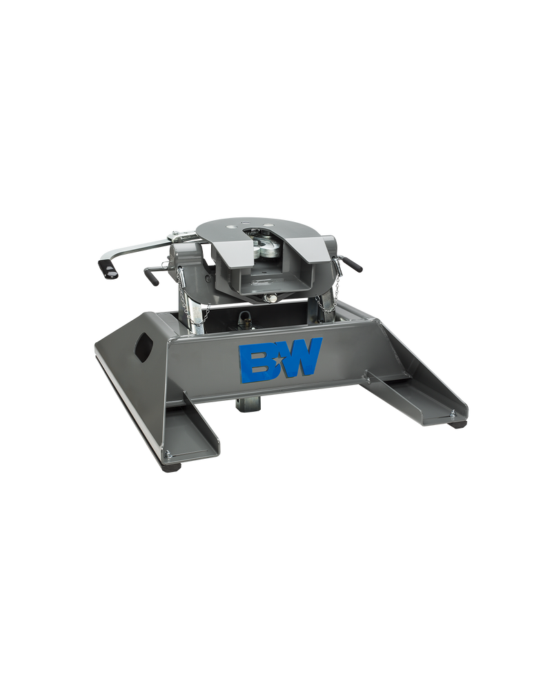 B&W RVK3500 companion single-point fifth wheel hitch on a plain background, shown on its base, with the coupler set on the arms and both release handles in view