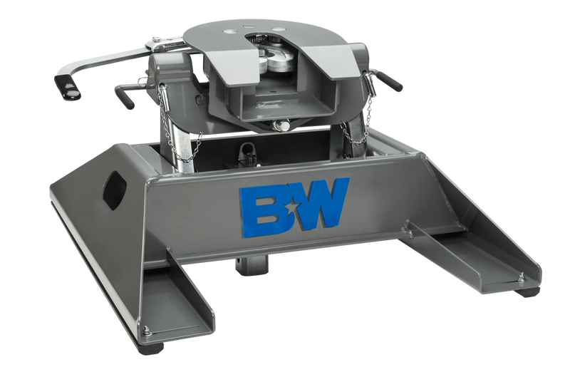 B&W RVK3500 companion single-point fifth wheel hitch, second studio angle showing the coupler face, the release handles and the base legs