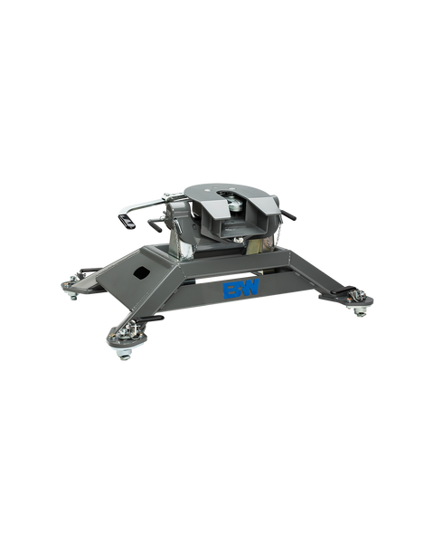 B&W RVK3600 companion 25k fifth wheel hitch for ram pucks on a plain background, shown on its base, with the coupler set on the arms and both release handles in view