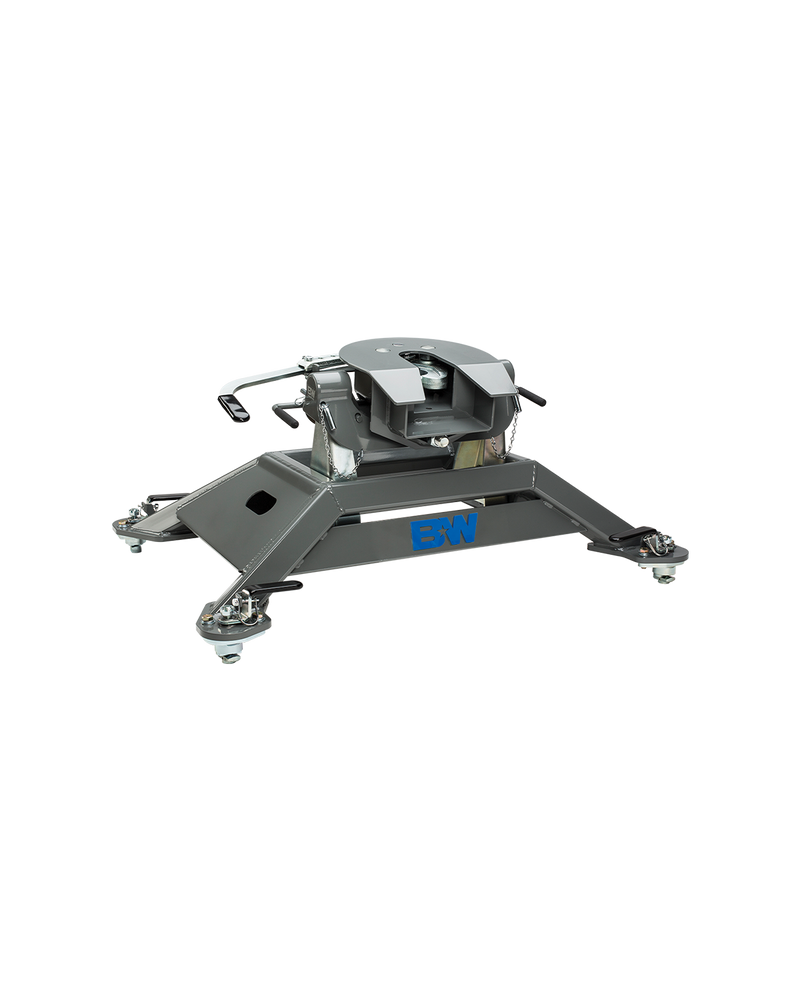 B&W RVK3600 companion 25k fifth wheel hitch for ram pucks on a plain background, shown on its base, with the coupler set on the arms and both release handles in view