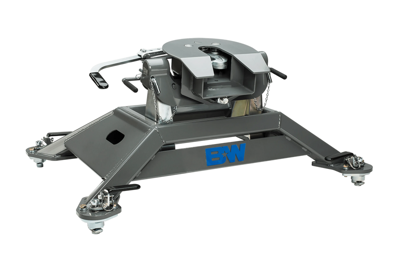 B&W RVK3600 companion 25k fifth wheel hitch for ram pucks, second studio angle showing the coupler face, the release handles and the base legs