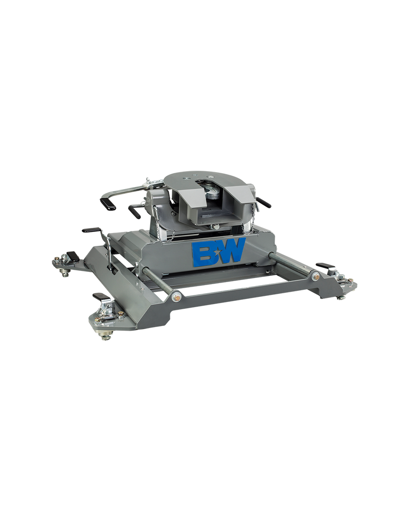 B&W RVK3670 companion 20k slider fifth wheel hitch for ram pucks on a plain background, shown on its sliding base with the slide rails visible, with the coupler set on the arms and both release handles in view