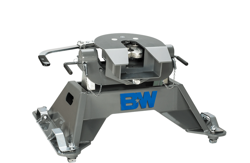 B&W Companion puck-mount fifth wheel hitch, second studio angle showing the coupler face, the release handles and the base legs. B&W uses one render across this group, so the photograph does not show which tow rating or truck platform this part number is