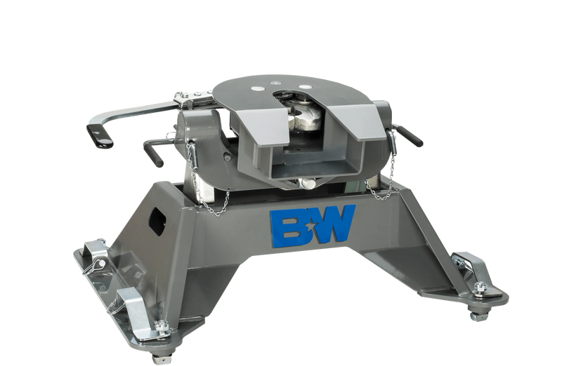 B&W Companion puck-mount fifth wheel hitch, second studio angle showing the coupler face, the release handles and the base legs. B&W uses one render across this group, so the photograph does not show which tow rating or truck platform this part number is
