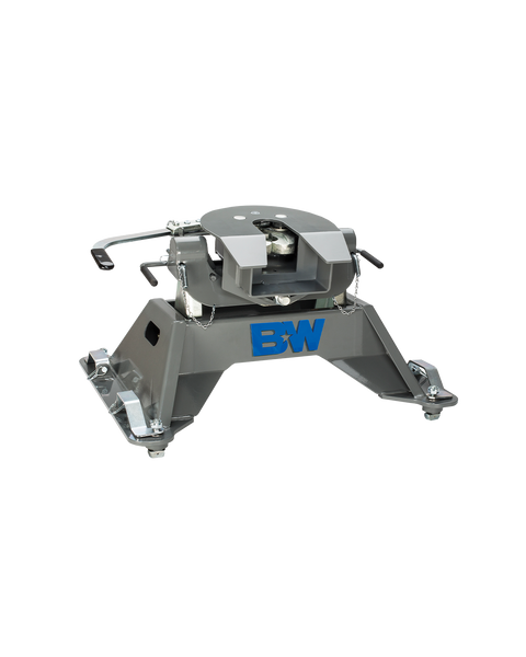 B&W Companion puck-mount fifth wheel hitch on a plain background, on its fixed base, coupler set on the arms and both release handles in view. B&W uses one studio render across this group, so the photograph does not show which tow rating or truck platform this part number is