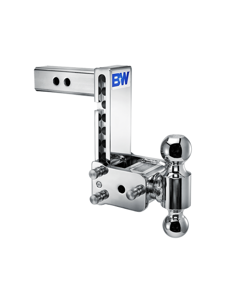 B&W Tow & Stow chrome plated adjustable ball mount TS10040C with a 2" shank, 7" drop and two chrome balls on the swing arm