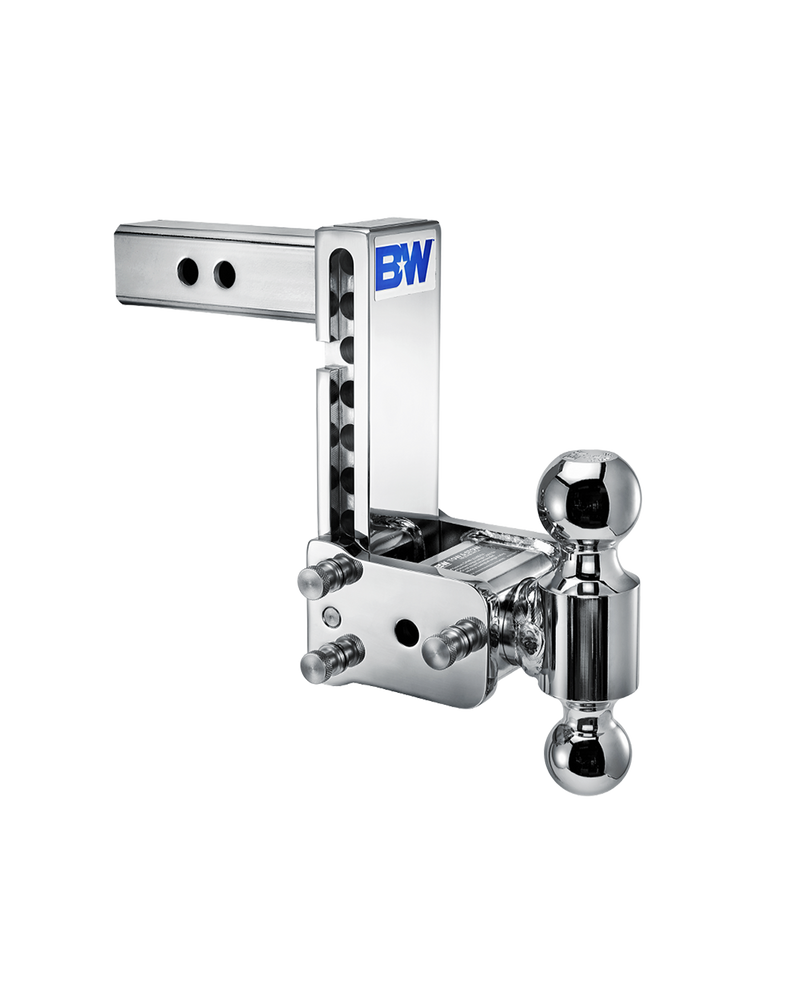B&W Tow & Stow chrome plated adjustable ball mount TS10040C with a 2" shank, 7" drop and two chrome balls on the swing arm