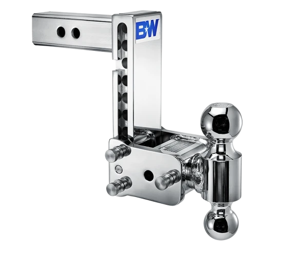 Angled view of the B&W Tow & Stow TS10040C showing the adjustment holes in the shank, the stainless pins and the rotating ball arm