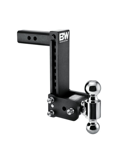 B&W Tow & Stow black powder coated adjustable ball mount TS10043B with a 2" shank, 9" drop and two chrome balls on the swing arm