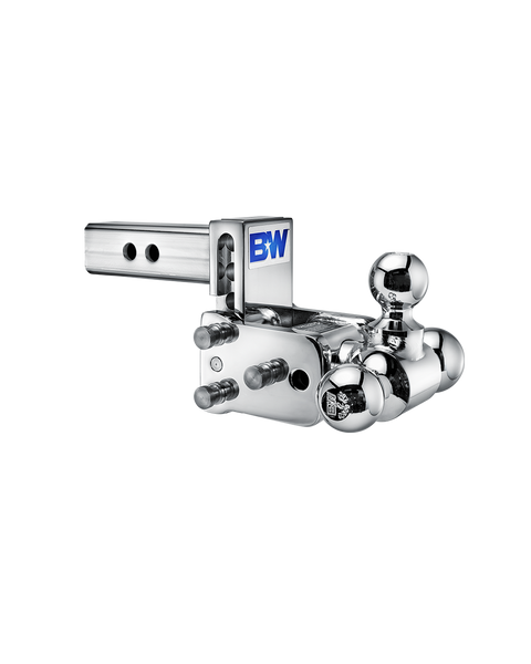 B&W Tow & Stow chrome plated adjustable ball mount TS10047C with a 2" shank, 3" drop and three chrome balls on the swing arm