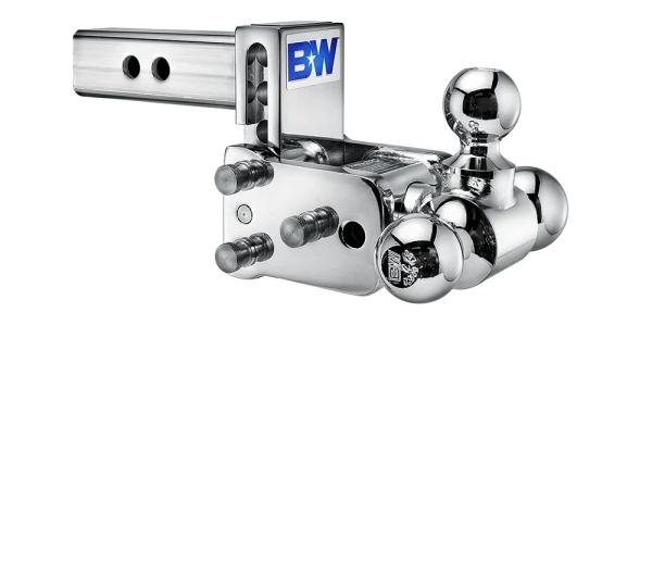 Angled view of the B&W Tow & Stow TS10047C showing the adjustment holes in the shank, the stainless pins and the rotating ball arm