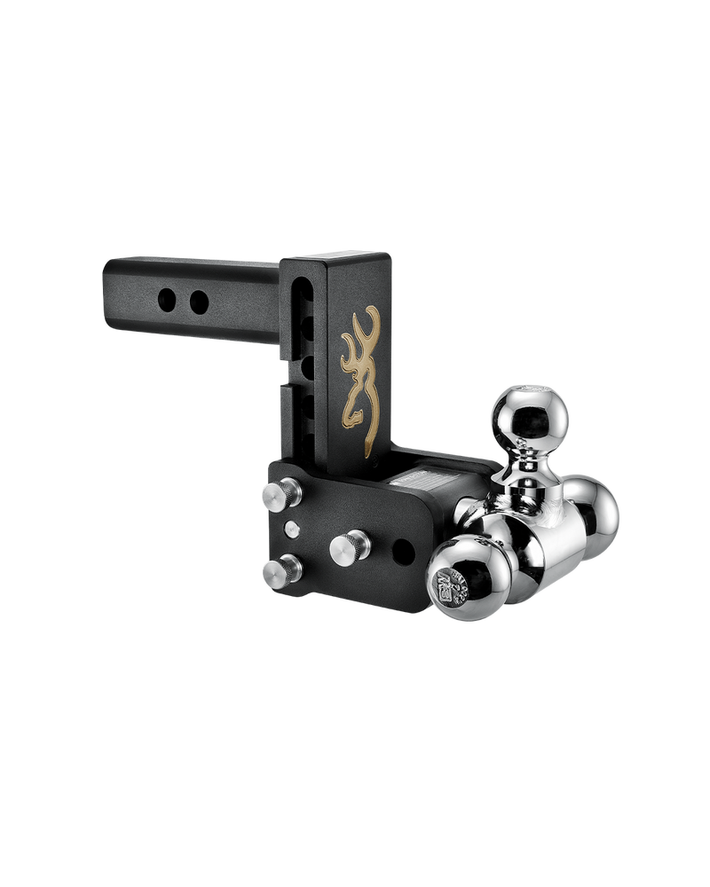 B&W Tow & Stow black powder coated Browning edition adjustable ball mount TS10048BB with a 2" shank, 5" drop and three chrome balls on the swing arm