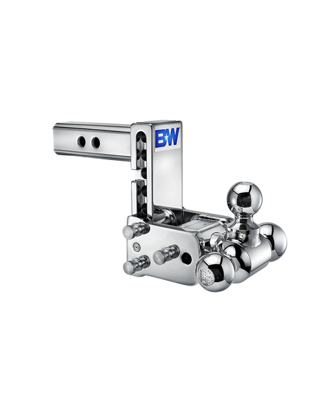 B&W Tow & Stow chrome plated adjustable ball mount TS10048C with a 2" shank, 5" drop and three chrome balls on the swing arm
