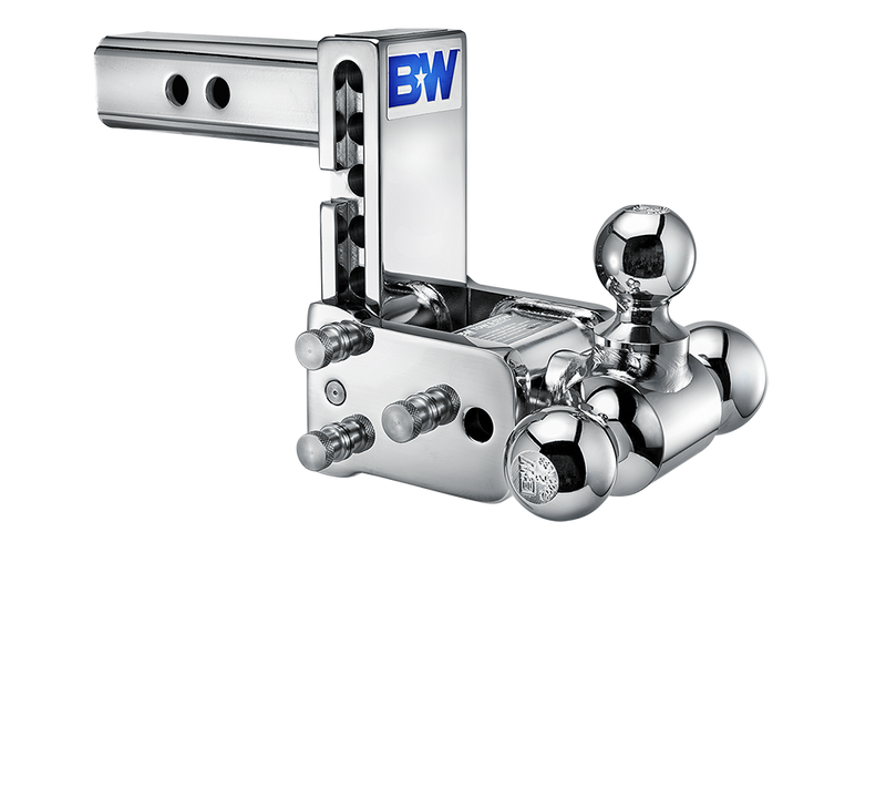 Angled view of the B&W Tow & Stow TS10048C showing the adjustment holes in the shank, the stainless pins and the rotating ball arm