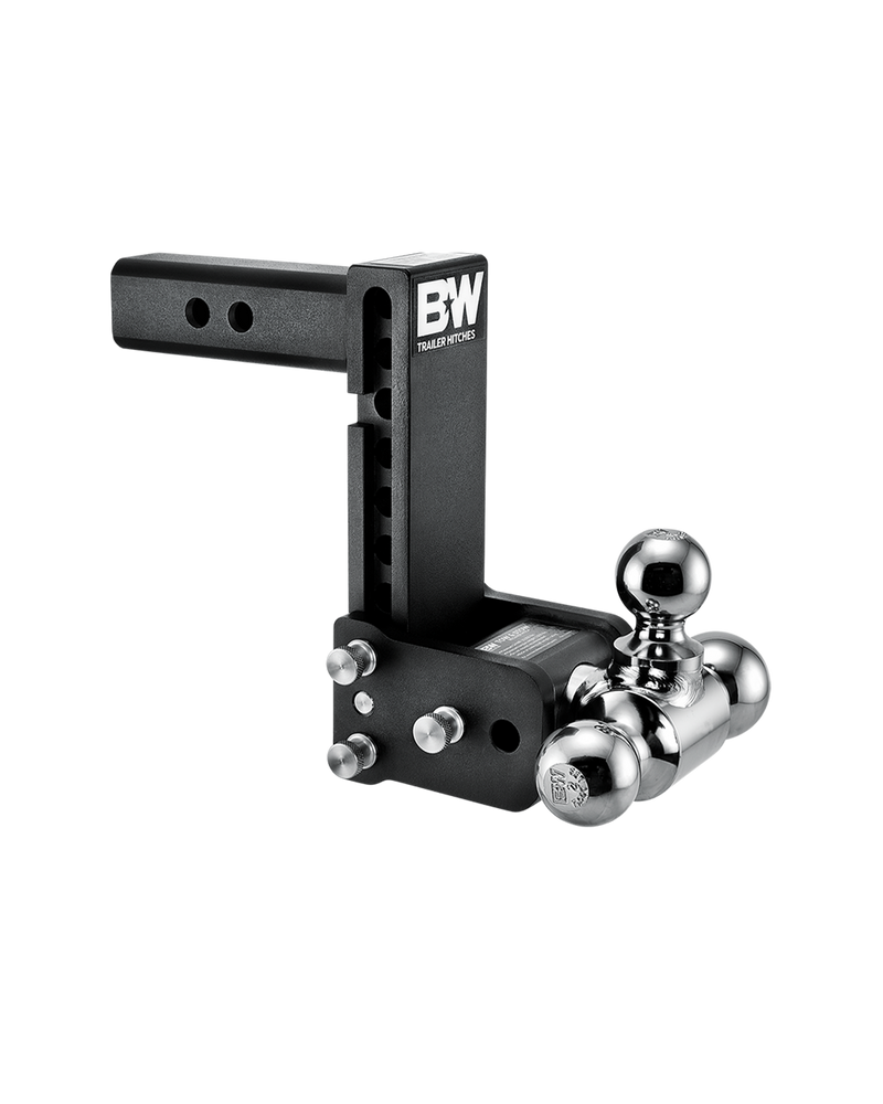 B&W Tow & Stow black powder coated adjustable ball mount TS10049B with a 2" shank, 7" drop and three chrome balls on the swing arm