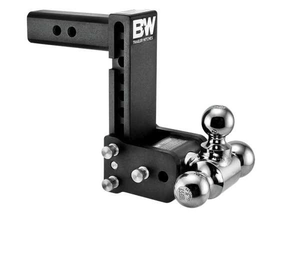 Angled view of the B&W Tow & Stow TS10049B showing the adjustment holes in the shank, the stainless pins and the rotating ball arm