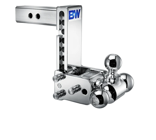 Angled view of the B&W Tow & Stow TS10049C showing the adjustment holes in the shank, the stainless pins and the rotating ball arm
