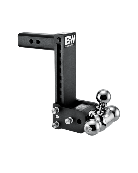 B&W Tow & Stow black powder coated adjustable ball mount TS10050B with a 2" shank, 9" drop and three chrome balls on the swing arm
