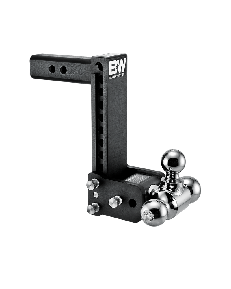 B&W Tow & Stow black powder coated adjustable ball mount TS10050B with a 2" shank, 9" drop and three chrome balls on the swing arm