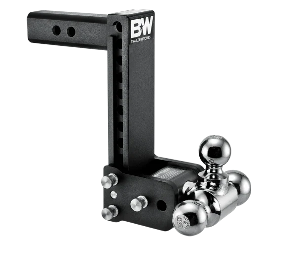 Angled view of the B&W Tow & Stow TS10050B showing the adjustment holes in the shank, the stainless pins and the rotating ball arm