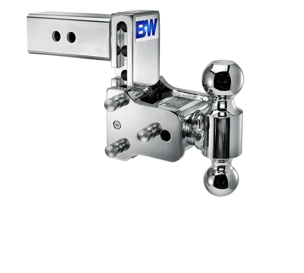 Angled view of the B&W Tow & Stow TS20037C showing the adjustment holes in the shank, the stainless pins and the rotating ball arm