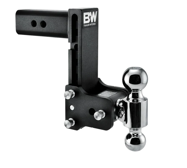 Angled view of the B&W Tow & Stow TS20040B showing the adjustment holes in the shank, the stainless pins and the rotating ball arm