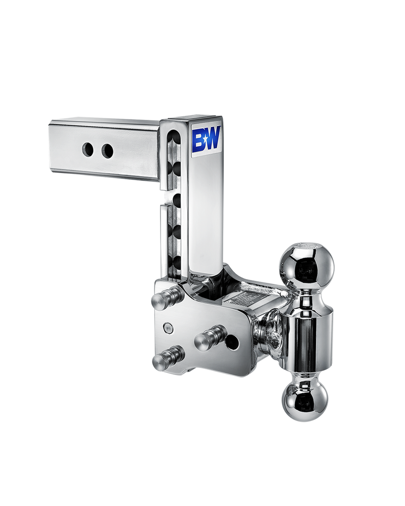 B&W Tow & Stow chrome plated adjustable ball mount TS20040C with a 2.5" shank, 7" drop and two chrome balls on the swing arm