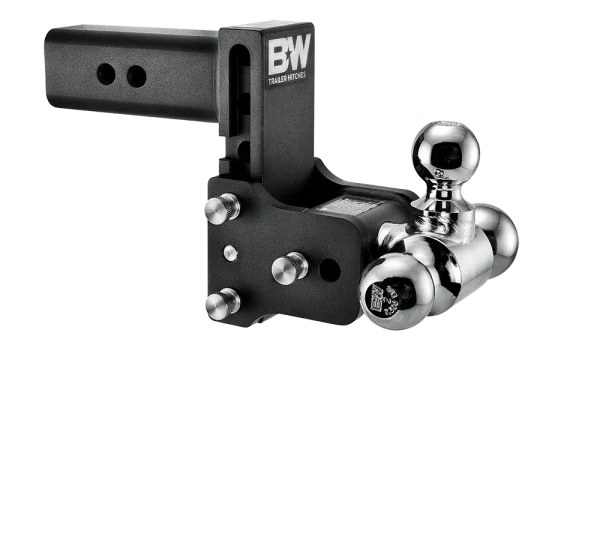Angled view of the B&W Tow & Stow TS20048B showing the adjustment holes in the shank, the stainless pins and the rotating ball arm