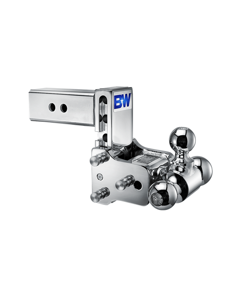 B&W Tow & Stow chrome plated adjustable ball mount TS20048C with a 2.5" shank, 5" drop and three chrome balls on the swing arm