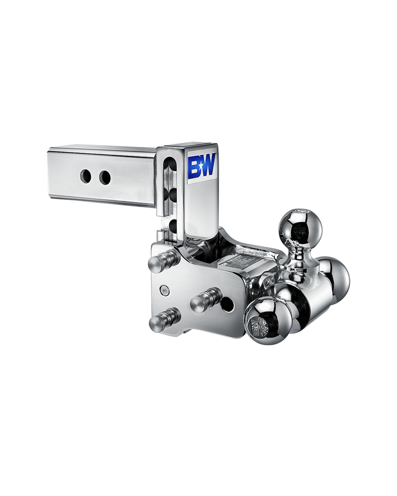 B&W Tow & Stow chrome plated adjustable ball mount TS20048C with a 2.5" shank, 5" drop and three chrome balls on the swing arm