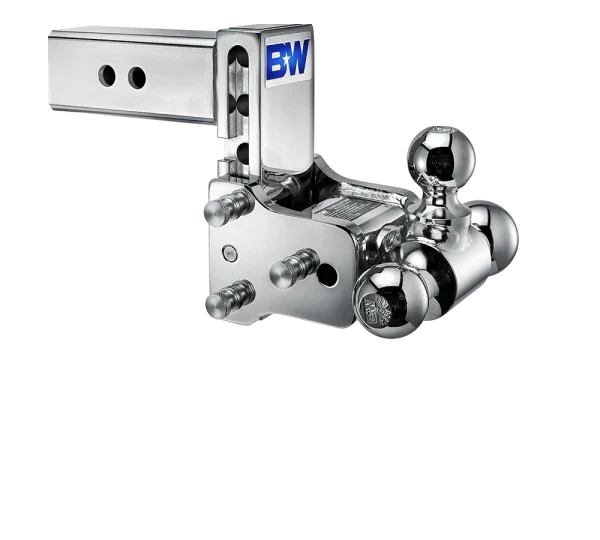 Angled view of the B&W Tow & Stow TS20048C showing the adjustment holes in the shank, the stainless pins and the rotating ball arm