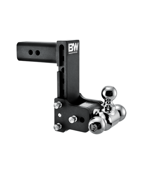 B&W Tow & Stow black powder coated adjustable ball mount TS20049B with a 2.5" shank, 7" drop and three chrome balls on the swing arm