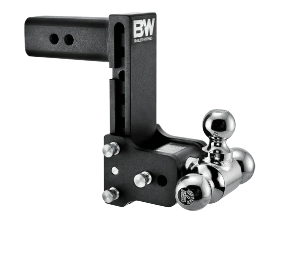 Angled view of the B&W Tow & Stow TS20049B showing the adjustment holes in the shank, the stainless pins and the rotating ball arm